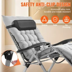 VEVOR Zero Gravity Chair, 33 inch Zero Gravity Recliner Lounge Chair for Indoor and Outdoor, Adjustable Anti Gravity Chair with Cushion, Headrest, Footrest, and Cupholder, 500 lbs, Gray