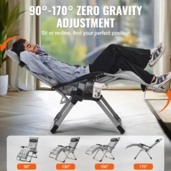 VEVOR Zero Gravity Chair, 26 inch Zero Gravity Recliner Lounge Chair for Indoor and Outdoor, Adjustable Anti Gravity Chair with Cushion, Headrest, Footrest, and Cupholder, 500 lbs, Gray