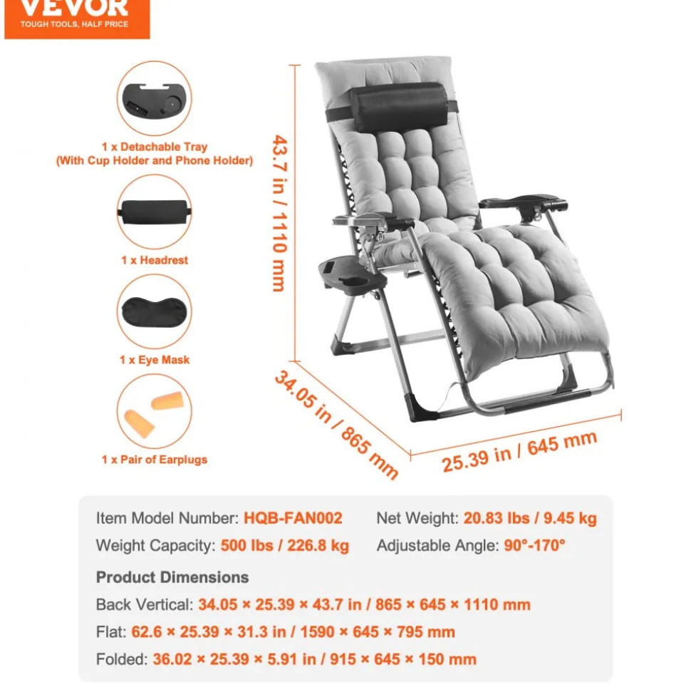 VEVOR Zero Gravity Chair, 26 inch Zero Gravity Recliner Lounge Chair for Indoor and Outdoor, Adjustable Anti Gravity Chair with Cushion, Headrest, Footrest, and Cupholder, 500 lbs, Gray