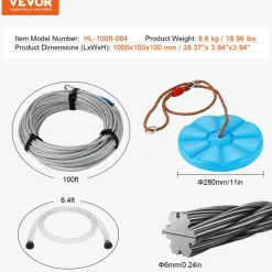 VEVOR Zipline Kit for Kids and Adult, 100 ft Zip Line Kits Up to 500 lb, Backyard Outdoor Quick Setup Zipline, Playground Entertainment with Stainless Steel Zipline, Spring Brake, Safety Harness, Seat