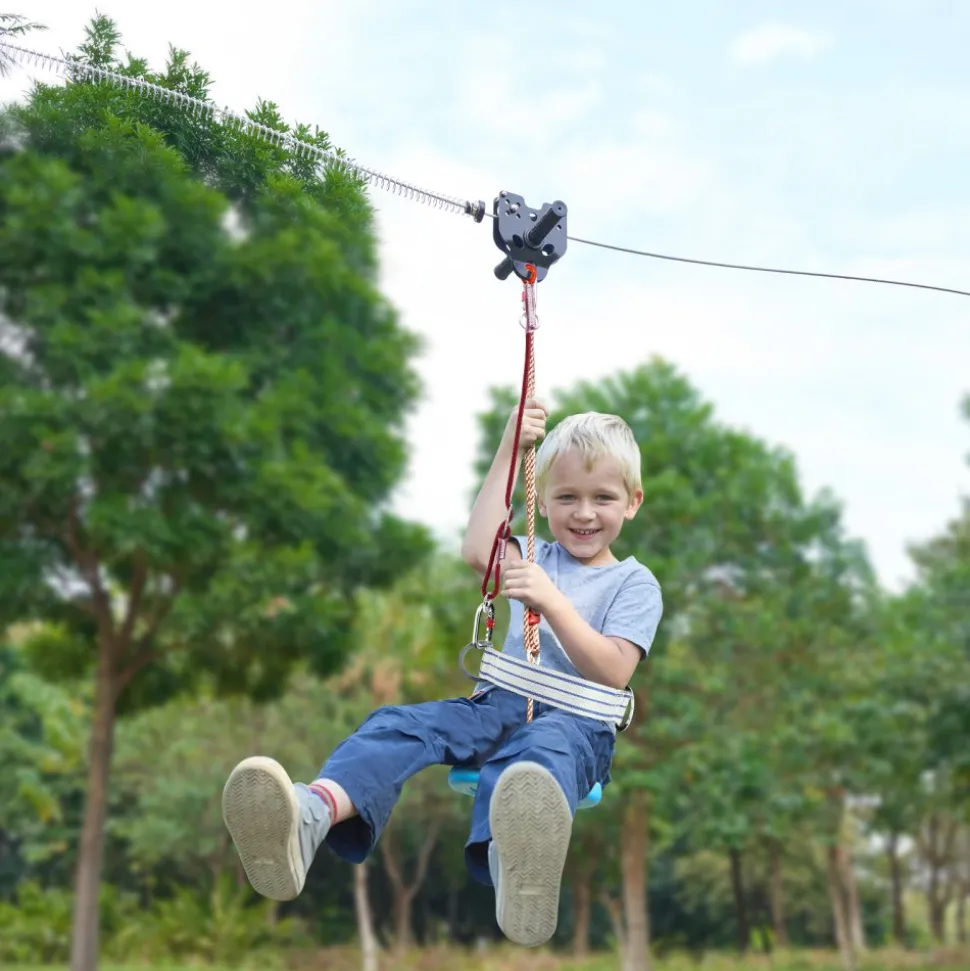 VEVOR Zipline Kit for Kids and Adult, 100 ft Zip Line Kits Up to 500 lb, Backyard Outdoor Quick Setup Zipline, Playground Entertainment with Stainless Steel Zipline, Spring Brake, Safety Harness, Seat