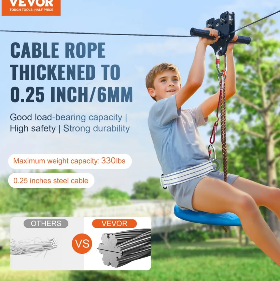 VEVOR Zipline Kit for Kids and Adult, 100 ft Zip Line Kits Up to 500 lb, Backyard Outdoor Quick Setup Zipline, Playground Entertainment with Stainless Steel Zipline, Spring Brake, Safety Harness, Seat