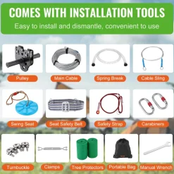 VEVOR Zipline Kit for Kids and Adult, 100 ft Zip Line Kits Up to 500 lb, Backyard Outdoor Quick Setup Zipline, Playground Entertainment with Stainless Steel Zipline, Spring Brake, Safety Harness, Seat
