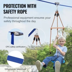 VEVOR Zipline Kit for Kids and Adult, 52 ft Zip Line Kits Up to 500 lb, Backyard Outdoor Quick Setup Zipline, Playground Entertainment with Zipline, Nylon Safety Harness, Seat, and Handlebar