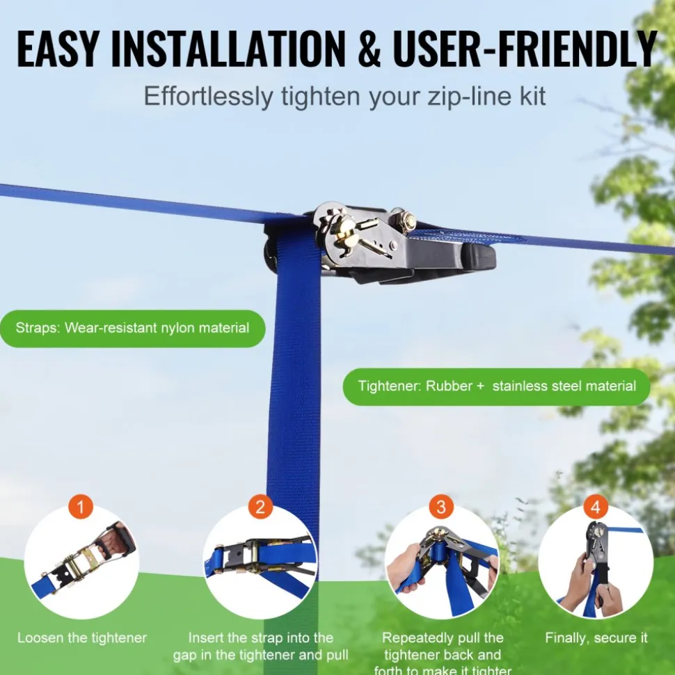 VEVOR Zipline Kit for Kids and Adult, 52 ft Zip Line Kits Up to 500 lb, Backyard Outdoor Quick Setup Zipline, Playground Entertainment with Zipline, Nylon Safety Harness, Seat, and Handlebar