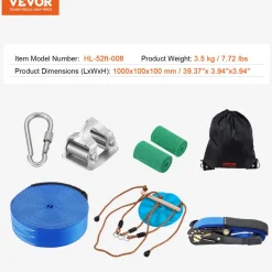 VEVOR Zipline Kit for Kids and Adult, 52 ft Zip Line Kits Up to 500 lb, Backyard Outdoor Quick Setup Zipline, Playground Entertainment with Zipline, Nylon Safety Harness, Seat, and Handlebar