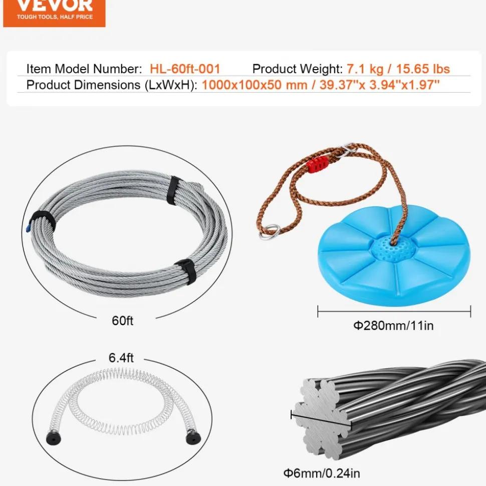 VEVOR Zipline Kit for Kids and Adult, 60 ft Zip Line Kits Up to 500 lb, Backyard Outdoor Quick Setup Zipline, Playground Entertainment with Stainless Steel Zipline, Spring Brake, Safety Harness, Seat
