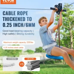 VEVOR Zipline Kit for Kids and Adult, 60 ft Zip Line Kits Up to 500 lb, Backyard Outdoor Quick Setup Zipline, Playground Entertainment with Stainless Steel Zipline, Spring Brake, Safety Harness, Seat