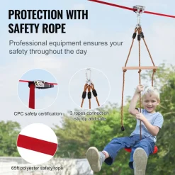 VEVOR Zipline Kit for Kids and Adult, 65 ft Zip Line Kits Up to 500 lb, Backyard Outdoor Quick Setup Zipline, Playground Entertainment with Zipline, Nylon Safety Harness, Seat, and Handlebar
