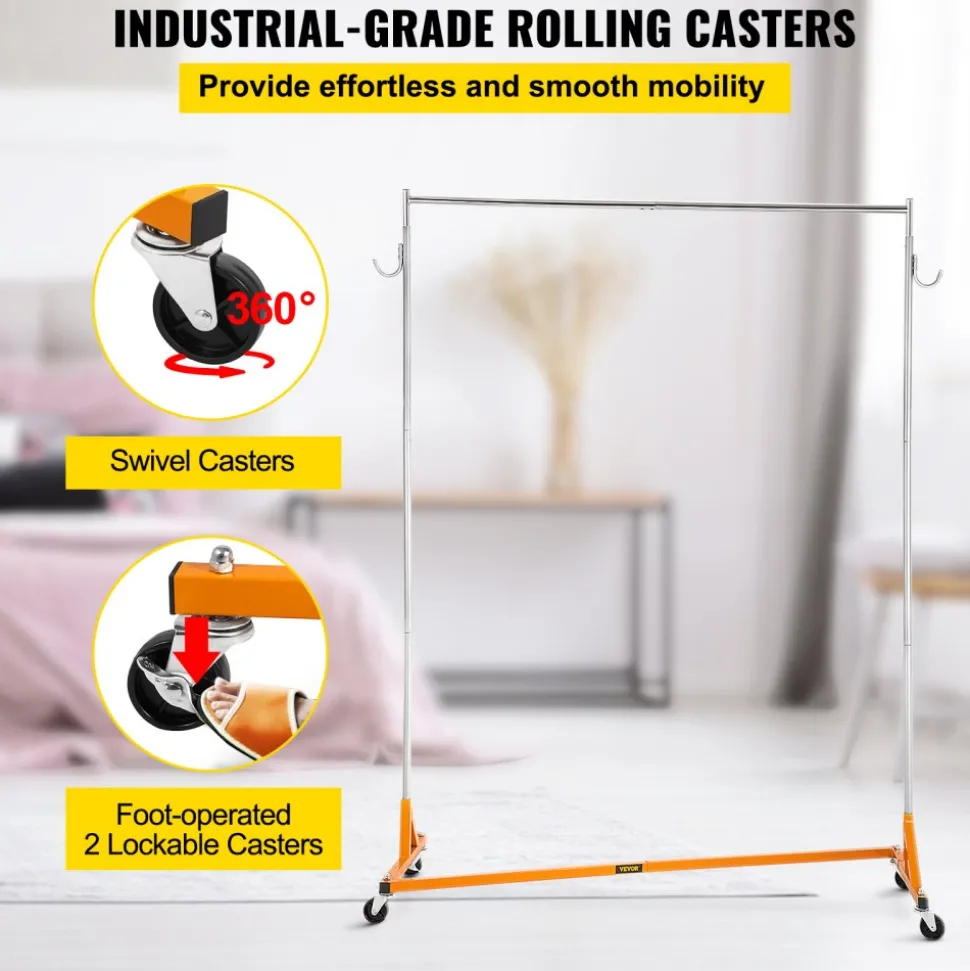 VEVOR Z Rack, Industrial Grade Z Base Garment Rack, Height Adjustable Rolling Z Garment Rack, Sturdy Steel Z Base Clothing Rack with Lockable Casters, for Home Clothing Store Display Orange (3 Sets)